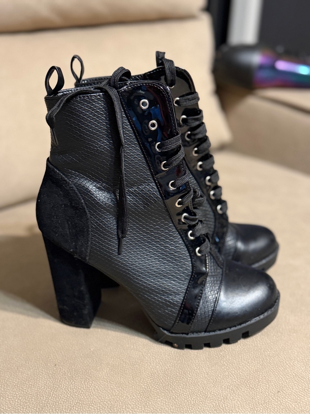 Fashion Nova Black Lace-Up Block Heel Ankle Boots